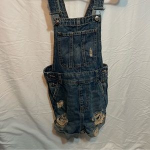 H&M Divided Blue Denim Shorts Overalls Distressed Jean Jumpsuit Womans Size 0